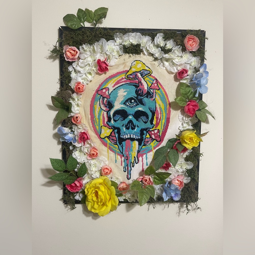“Third Eye Bloom” Hand-Embroidered Skull Art with Mushrooms Moss Floral Frame